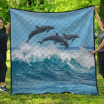 Dolphins Jumping Over Waves Print Quilt