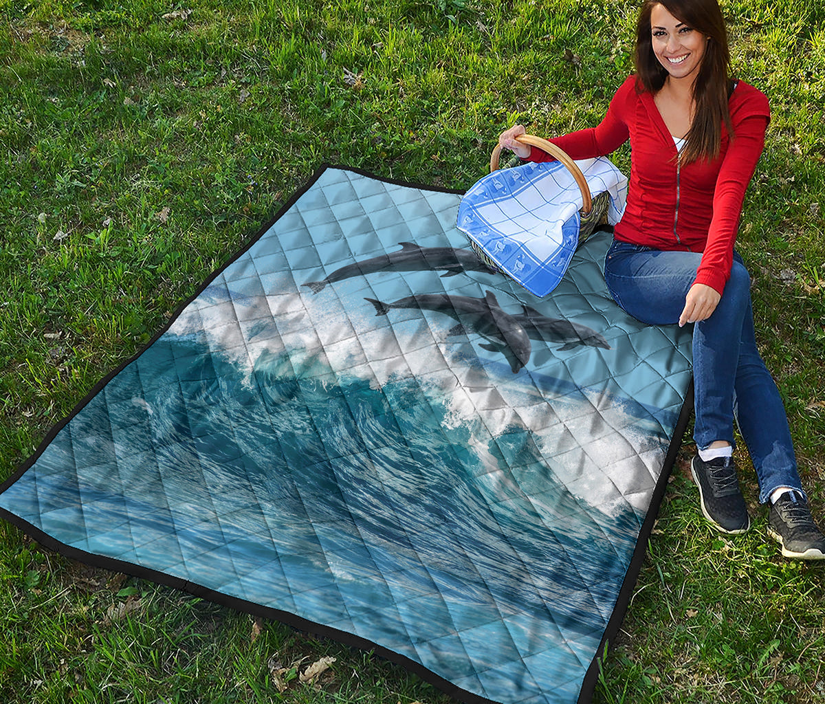 Dolphins Jumping Over Waves Print Quilt