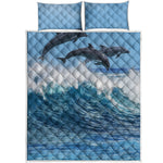 Dolphins Jumping Over Waves Print Quilt Bed Set