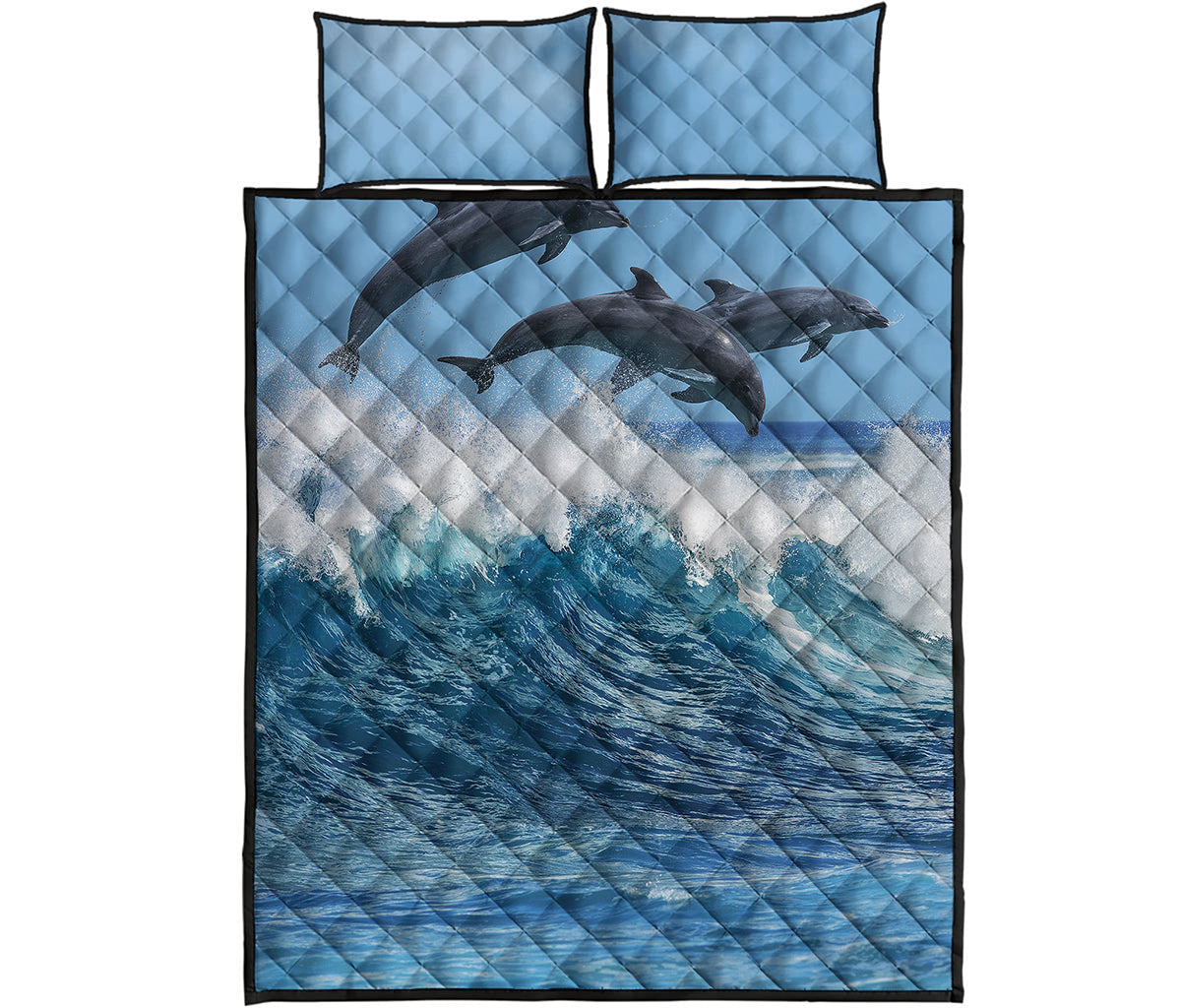Dolphins Jumping Over Waves Print Quilt Bed Set