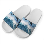 Dolphins Jumping Over Waves Print White Slide Sandals