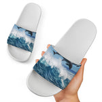 Dolphins Jumping Over Waves Print White Slide Sandals
