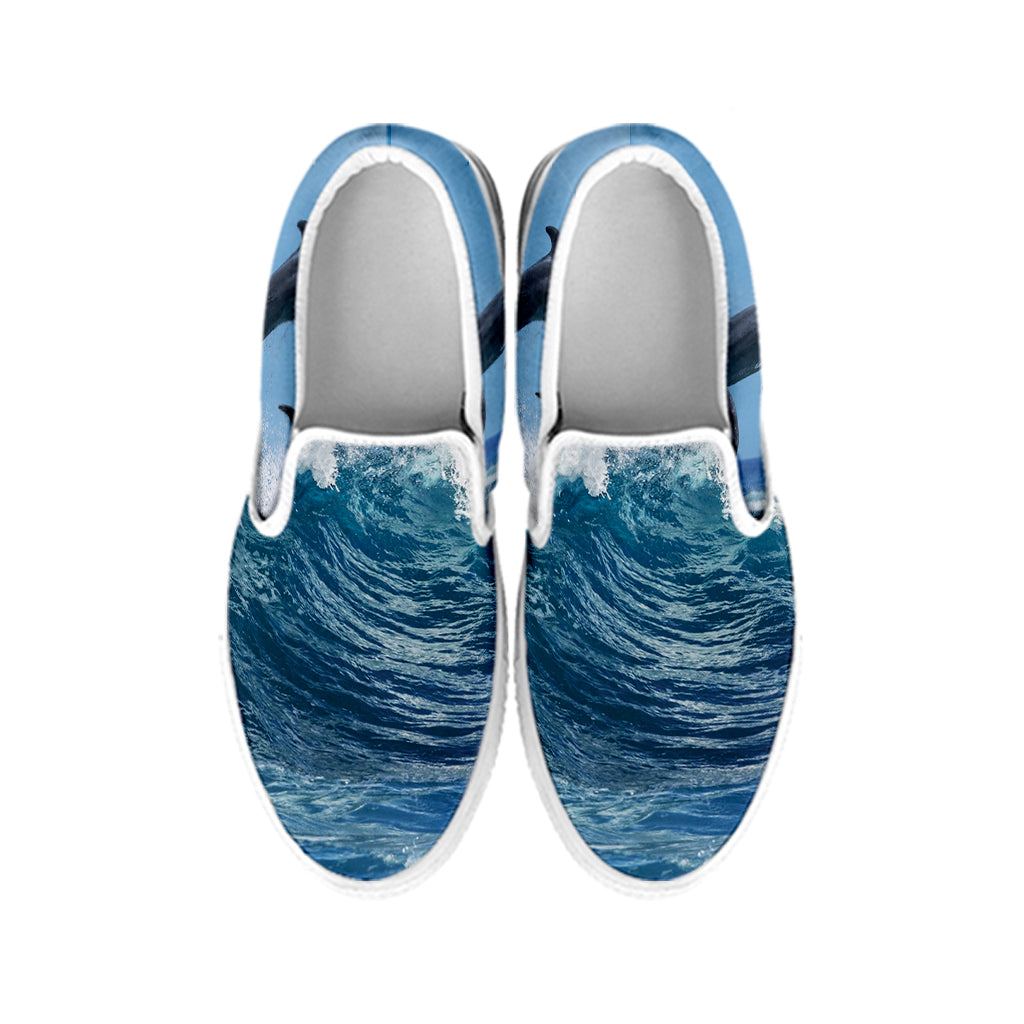 Dolphins Jumping Over Waves Print White Slip On Shoes
