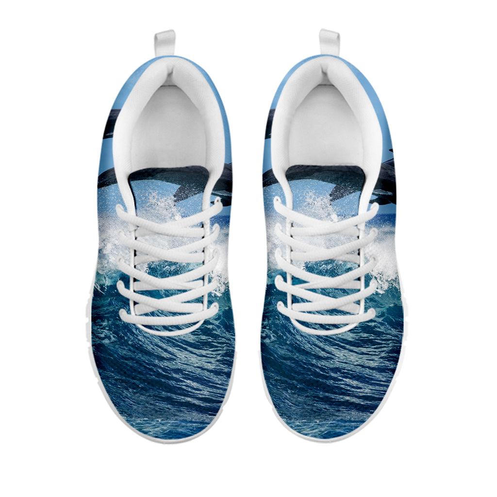 Dolphins Jumping Over Waves Print White Sneakers
