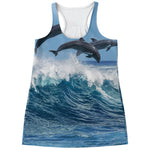 Dolphins Jumping Over Waves Print Women's Racerback Tank Top