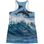 Dolphins Jumping Over Waves Print Women's Racerback Tank Top