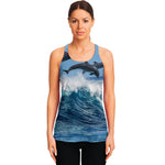 Dolphins Jumping Over Waves Print Women's Racerback Tank Top