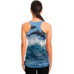 Dolphins Jumping Over Waves Print Women's Racerback Tank Top