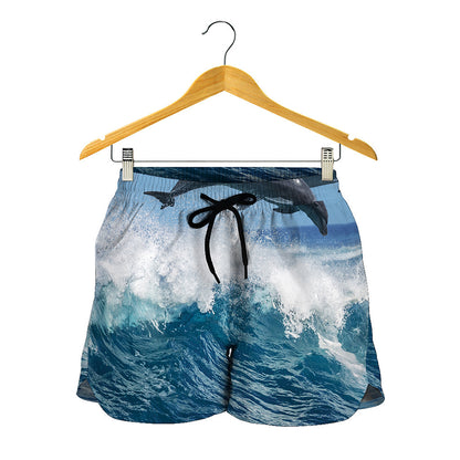Dolphins Jumping Over Waves Print Women's Shorts