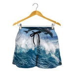 Dolphins Jumping Over Waves Print Women's Shorts