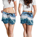 Dolphins Jumping Over Waves Print Women's Shorts