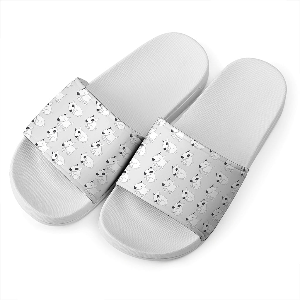 Doodle Bull Terrier Pattern Print White Slide Sandals