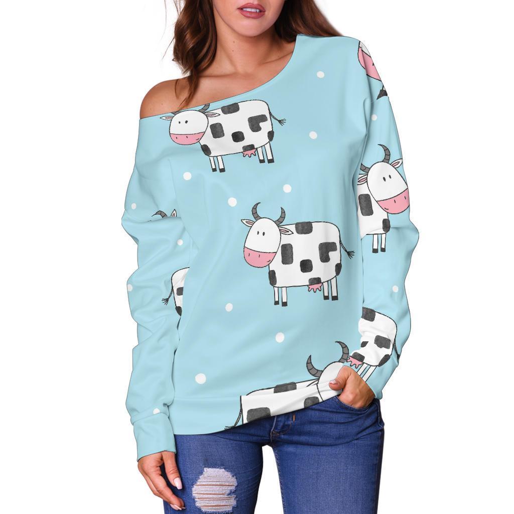 Doodle Cow Pattern Print Off Shoulder Sweatshirt GearFrost