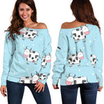 Doodle Cow Pattern Print Off Shoulder Sweatshirt GearFrost