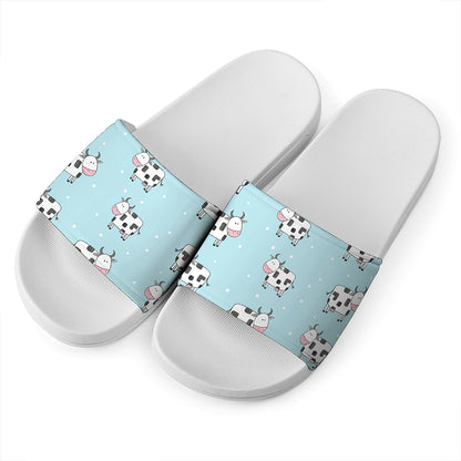 Doodle Cow Pattern Print White Slide Sandals
