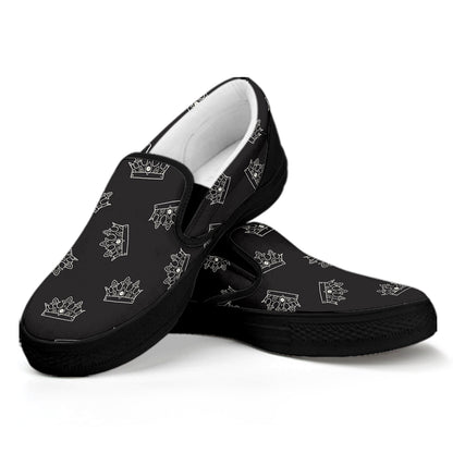 Doodle Crown Pattern Print Black Slip On Shoes