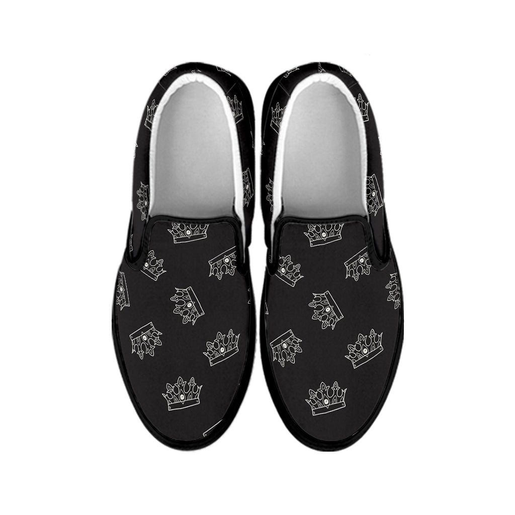 Doodle Crown Pattern Print Black Slip On Shoes