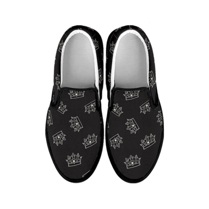 Doodle Crown Pattern Print Black Slip On Shoes