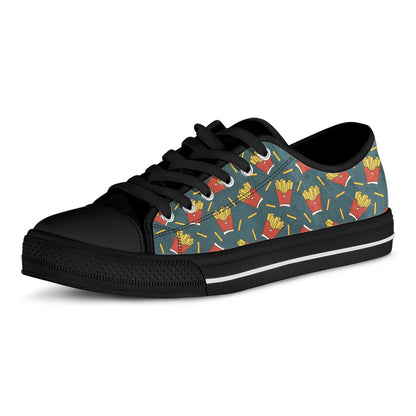 Doodle French Fries Pattern Print Black Low Top Shoes