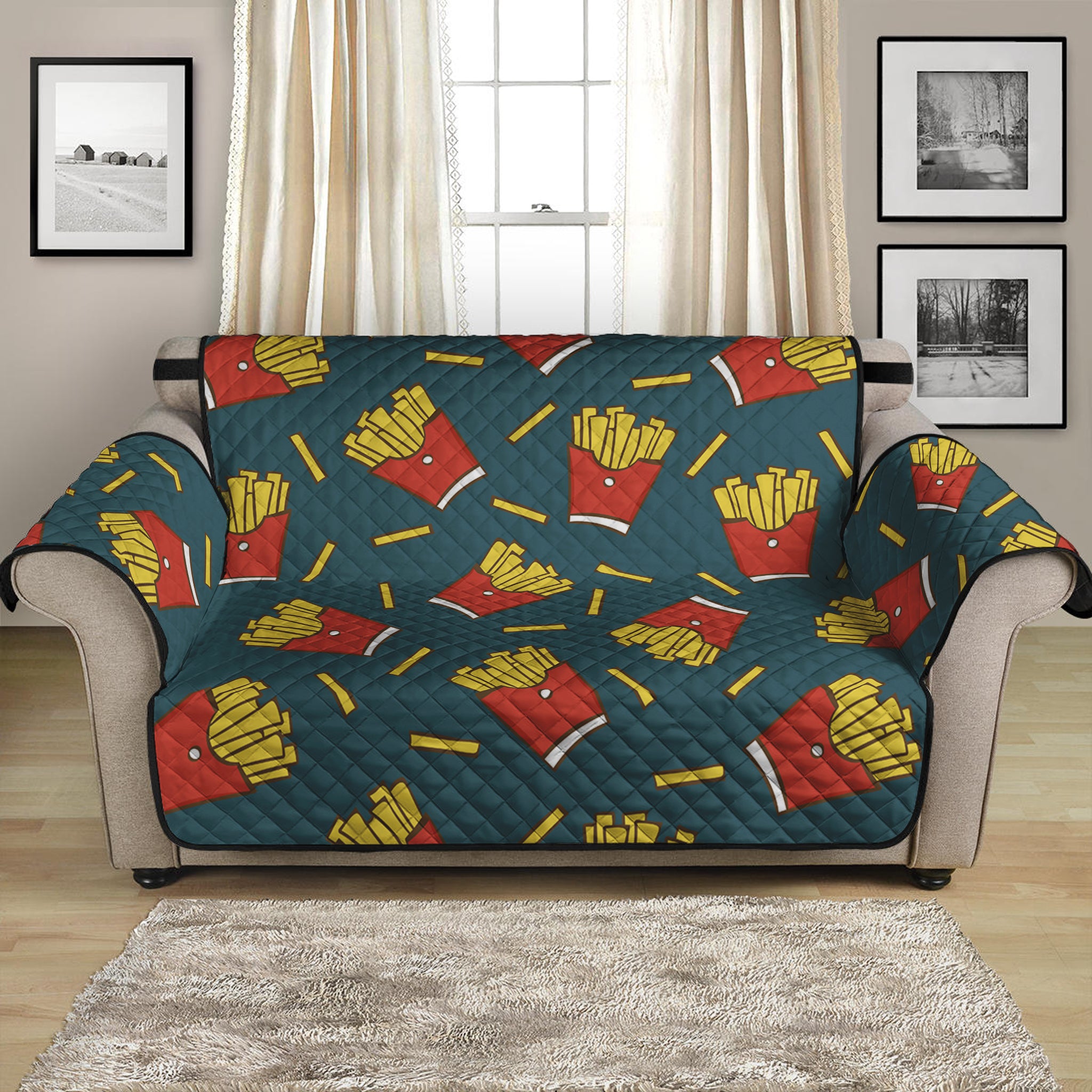 Doodle French Fries Pattern Print Loveseat Protector