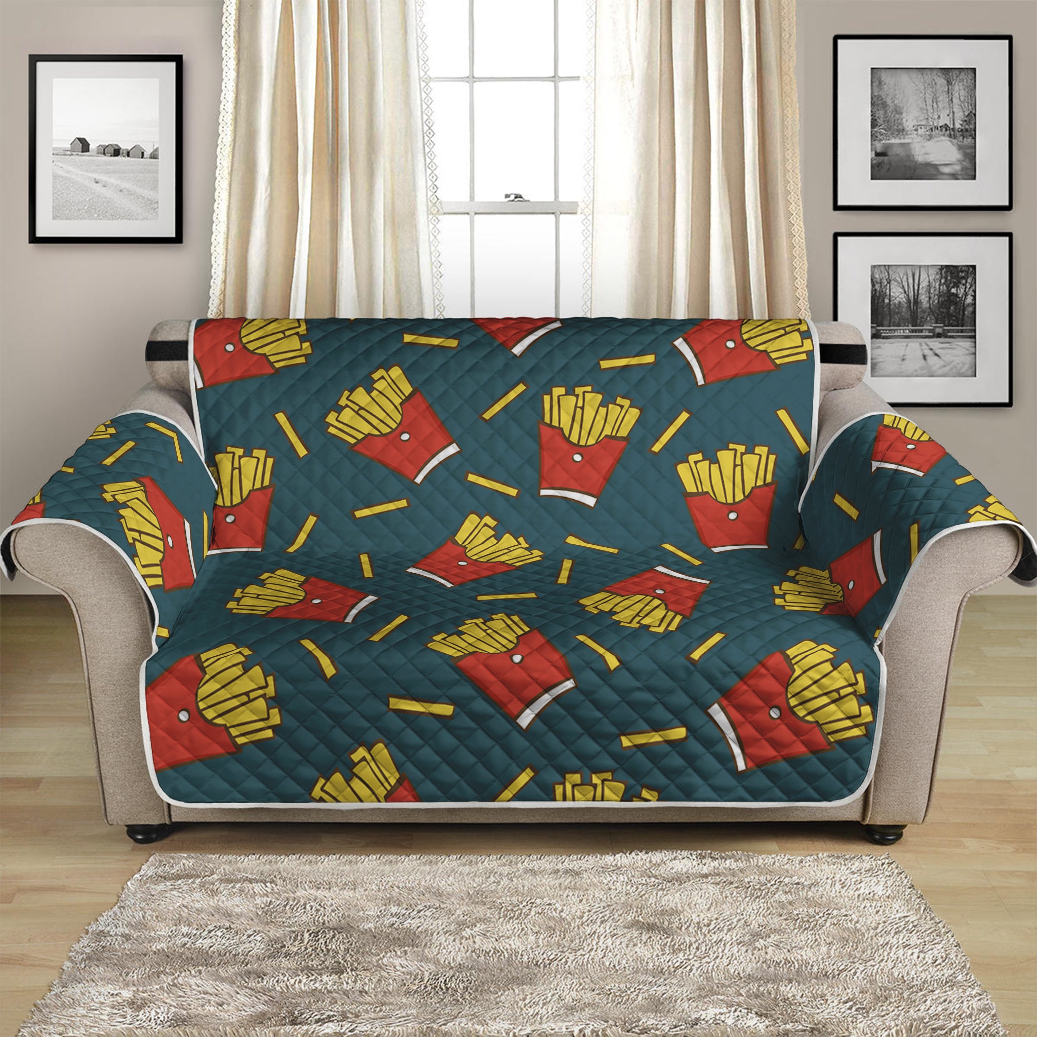 Doodle French Fries Pattern Print Loveseat Protector