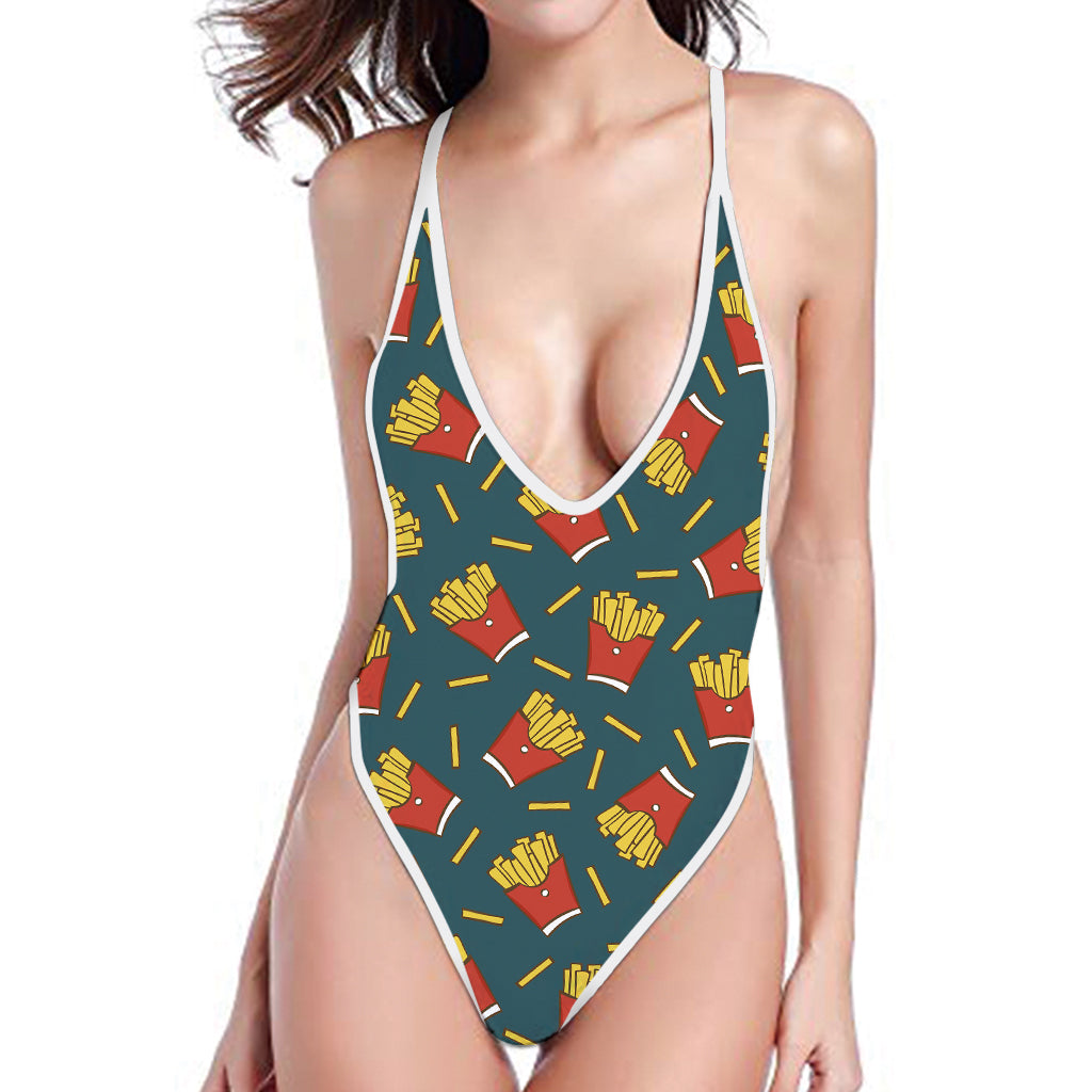 Doodle French Fries Pattern Print One Piece High Cut Swimsuit