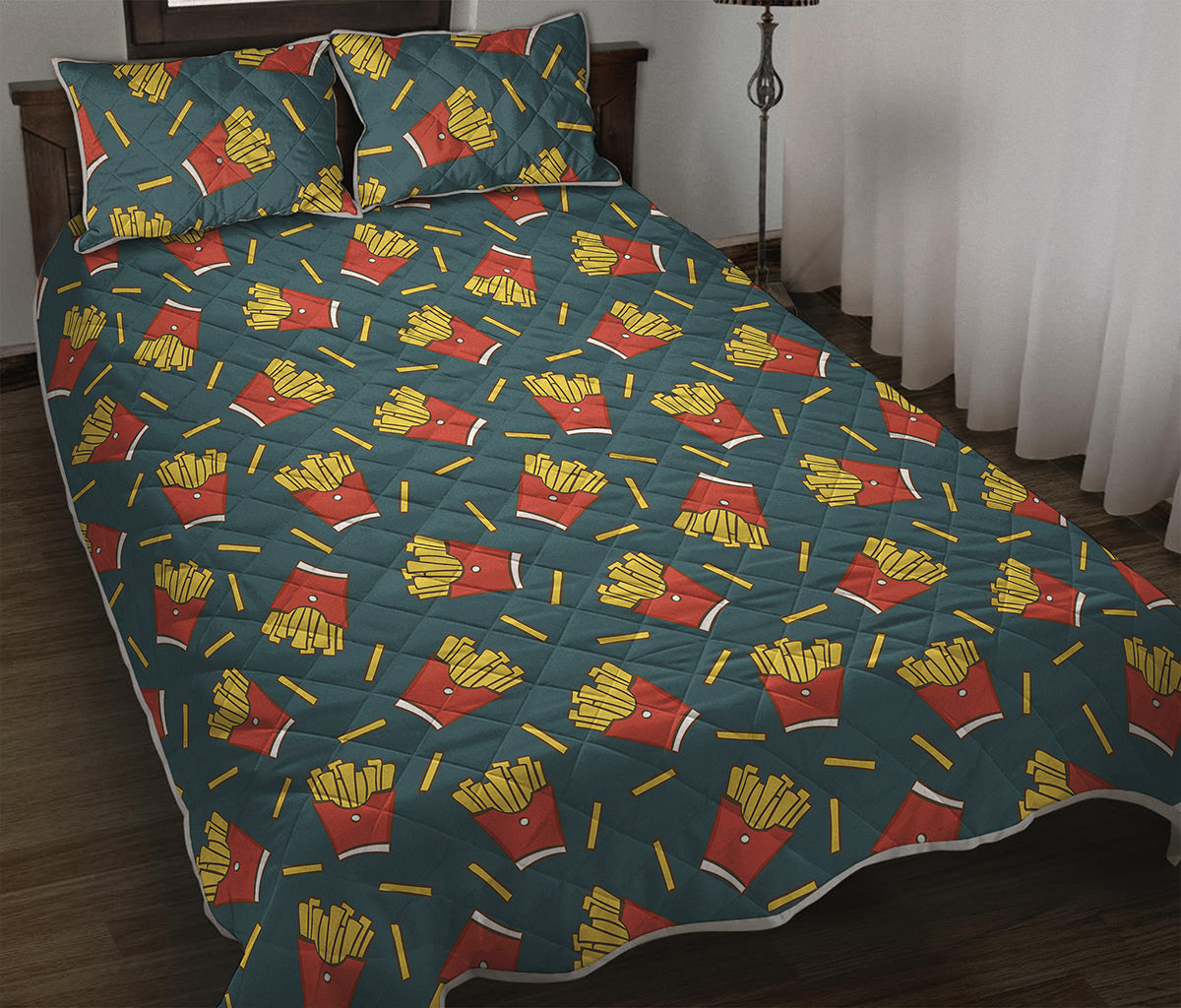 Doodle French Fries Pattern Print Quilt Bed Set