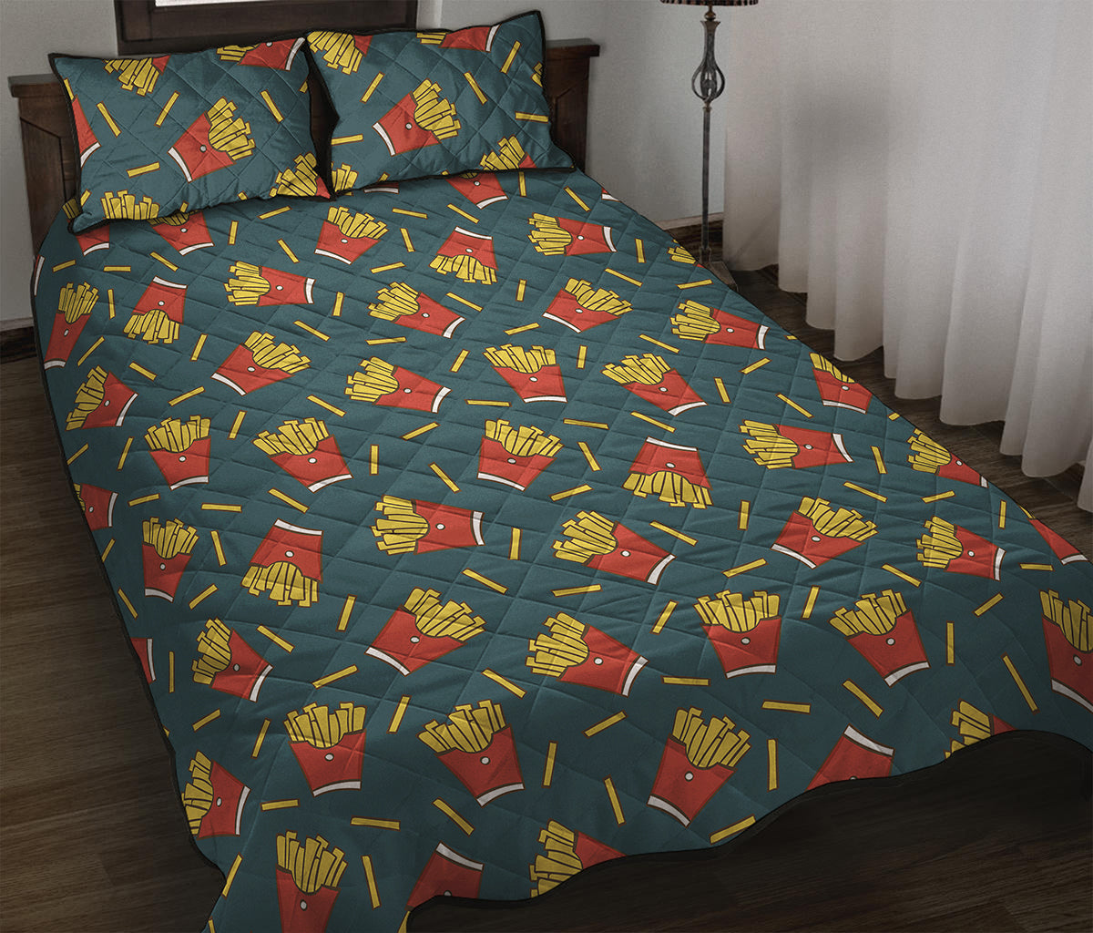 Doodle French Fries Pattern Print Quilt Bed Set