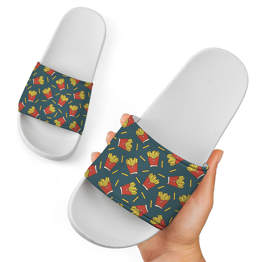 Doodle French Fries Pattern Print White Slide Sandals