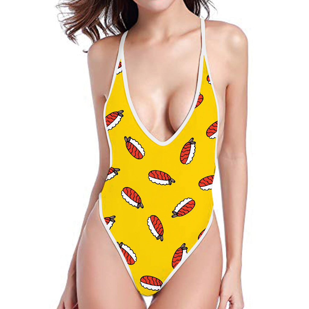 Doodle Japanese Sushi Pattern Print One Piece High Cut Swimsuit