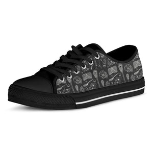 Doodle Lacrosse Pattern Print Black Low Top Shoes