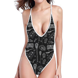 Doodle Lacrosse Pattern Print One Piece High Cut Swimsuit