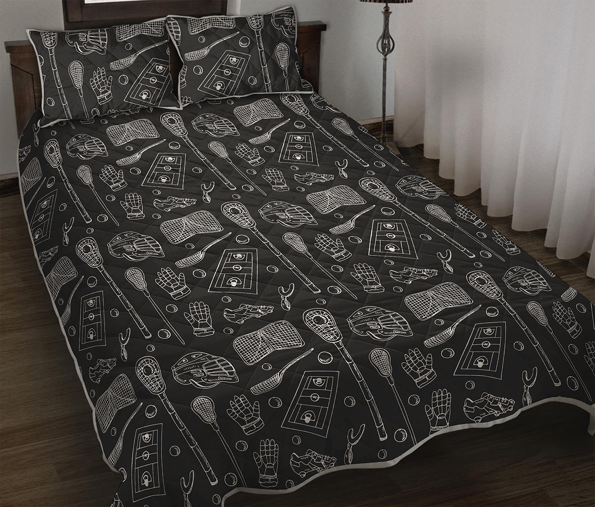 Doodle Lacrosse Pattern Print Quilt Bed Set
