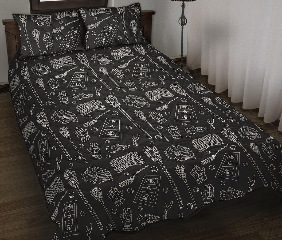 Doodle Lacrosse Pattern Print Quilt Bed Set