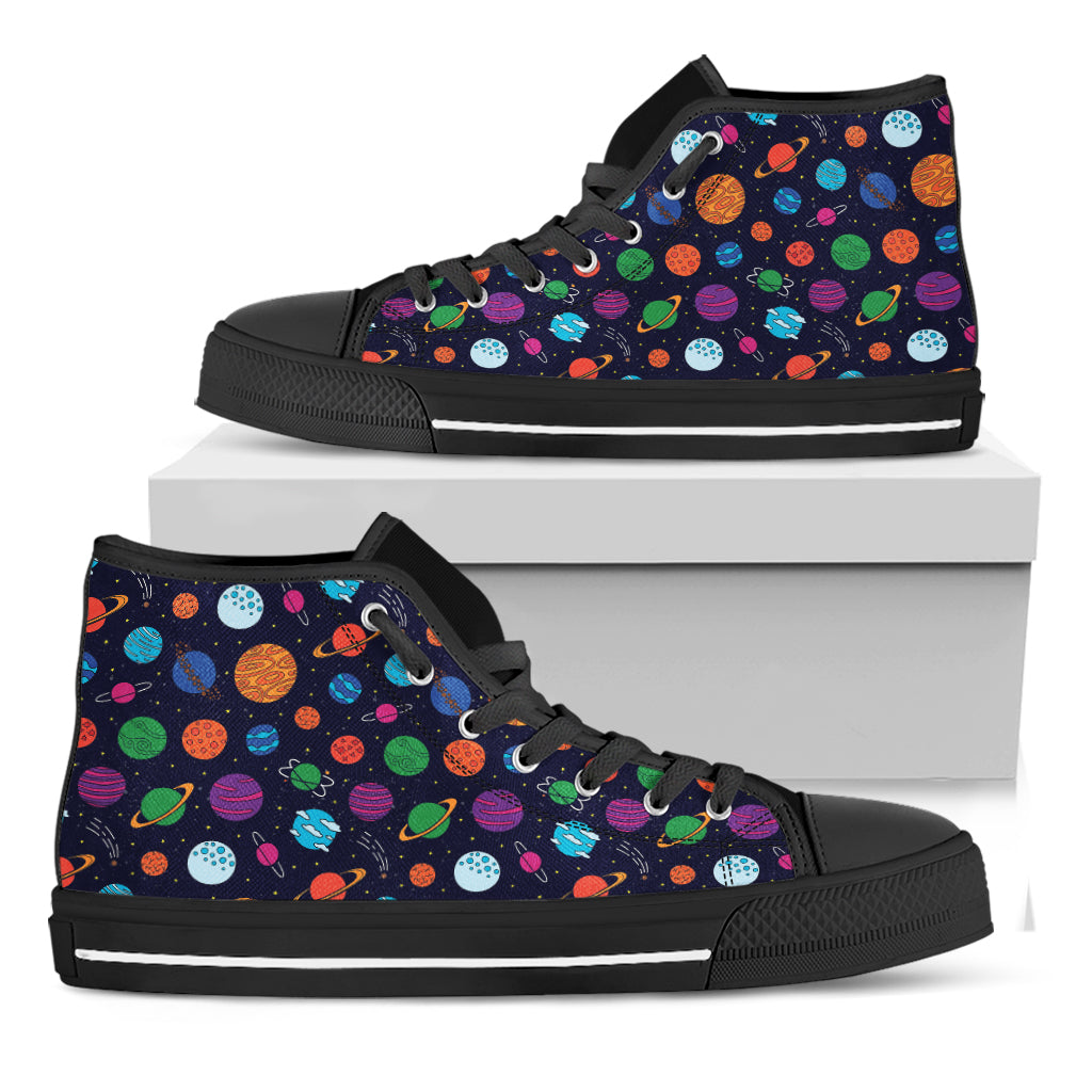 Doodle Planets Pattern Print Black High Top Shoes