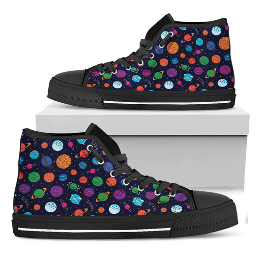 Doodle Planets Pattern Print Black High Top Shoes