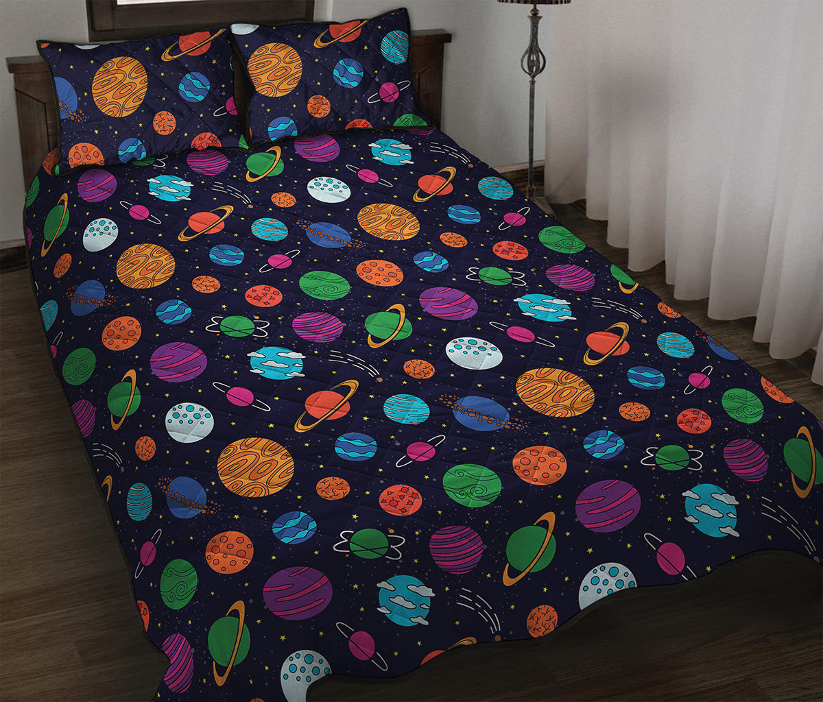 Doodle Planets Pattern Print Quilt Bed Set