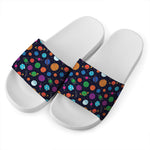 Doodle Planets Pattern Print White Slide Sandals