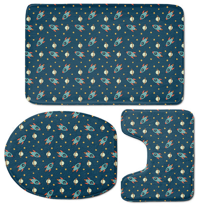 Doodle Rocket Pattern Print 3 Piece Bath Mat Set