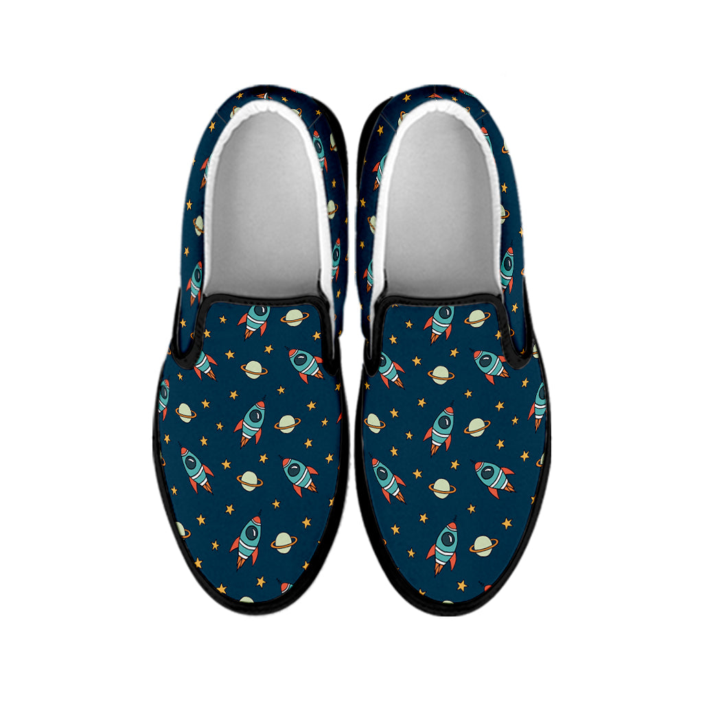 Doodle Rocket Pattern Print Black Slip On Shoes