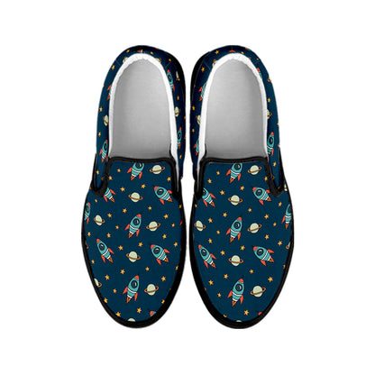 Doodle Rocket Pattern Print Black Slip On Shoes