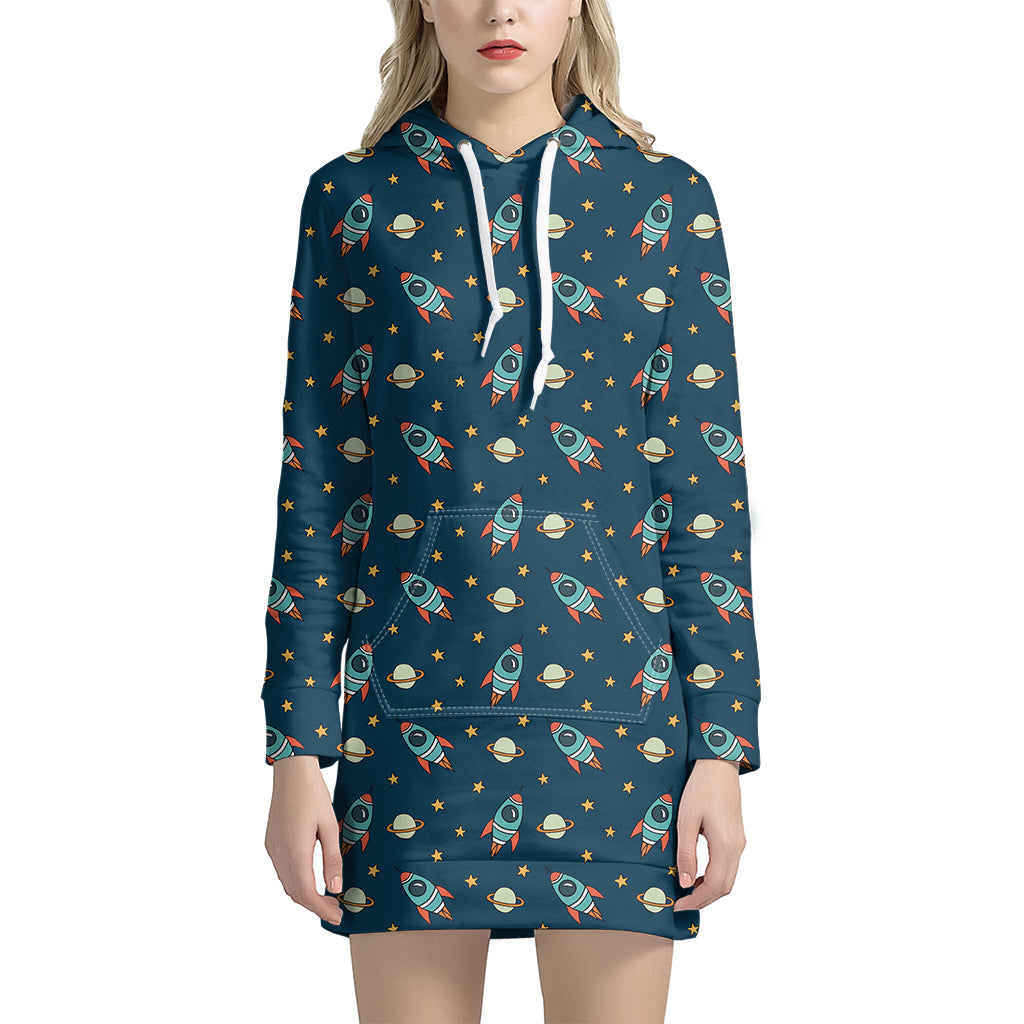 Doodle Rocket Pattern Print Hoodie Dress