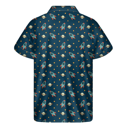 Doodle Rocket Pattern Print Men's Short Sleeve Shirt