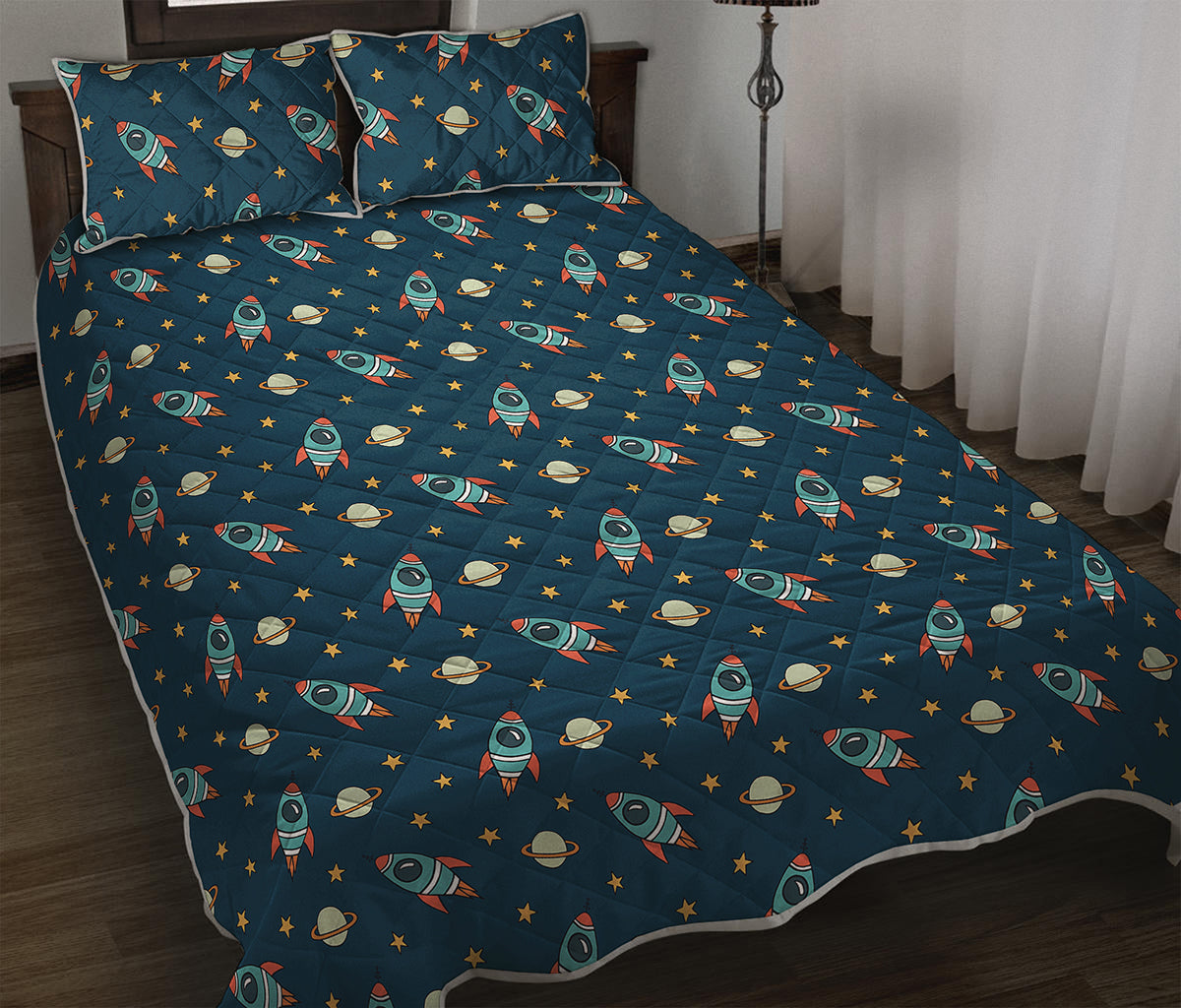 Doodle Rocket Pattern Print Quilt Bed Set