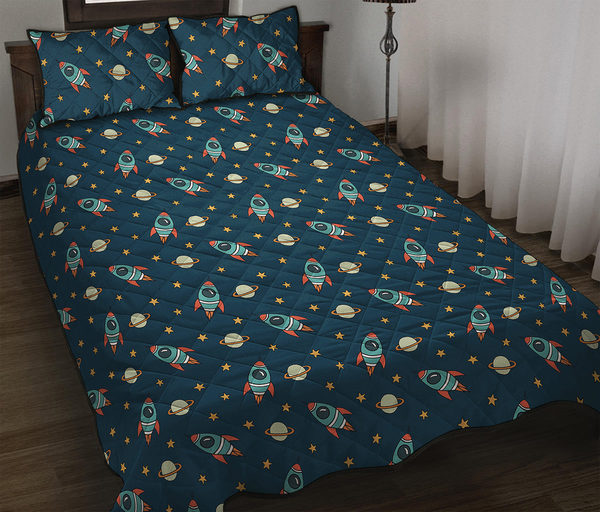 Doodle Rocket Pattern Print Quilt Bed Set