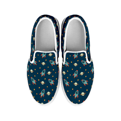 Doodle Rocket Pattern Print White Slip On Shoes