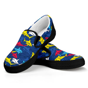 Doodle Shark Pattern Print Black Slip On Shoes