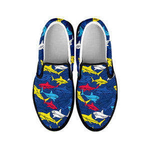 Doodle Shark Pattern Print Black Slip On Shoes