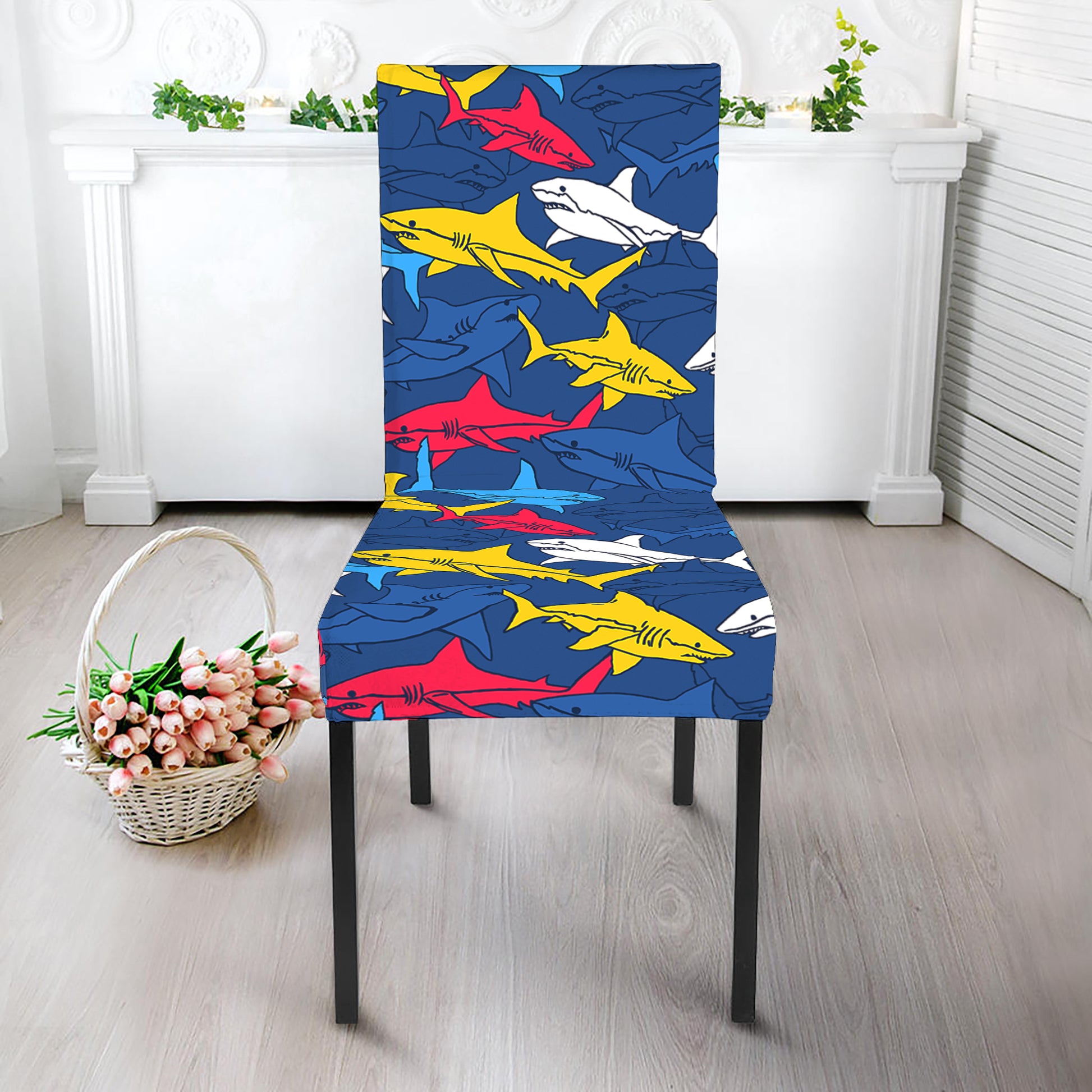 Doodle Shark Pattern Print Dining Chair Slipcover