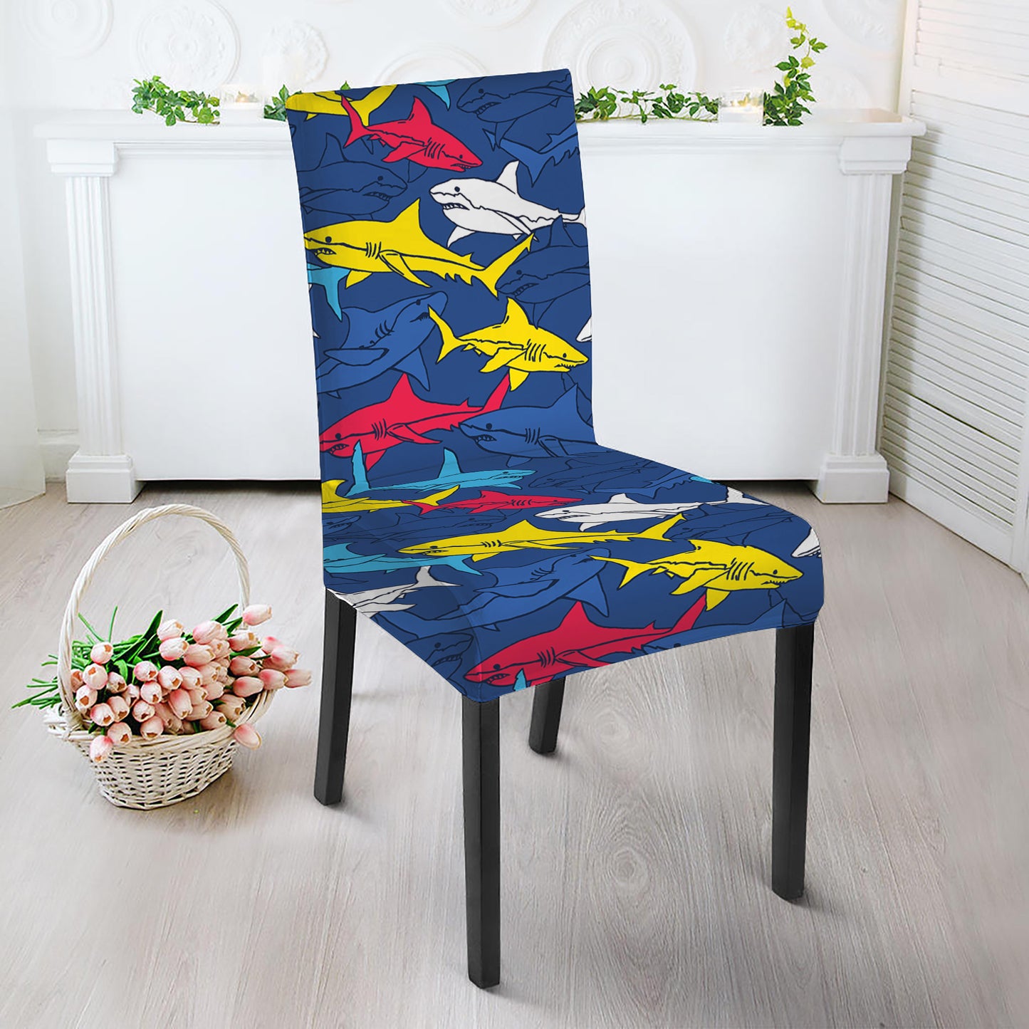 Doodle Shark Pattern Print Dining Chair Slipcover